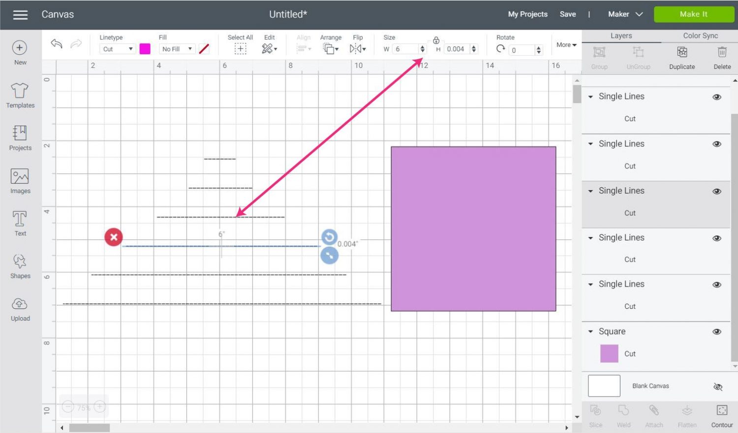 selecting perforation line in Cricut Design Space