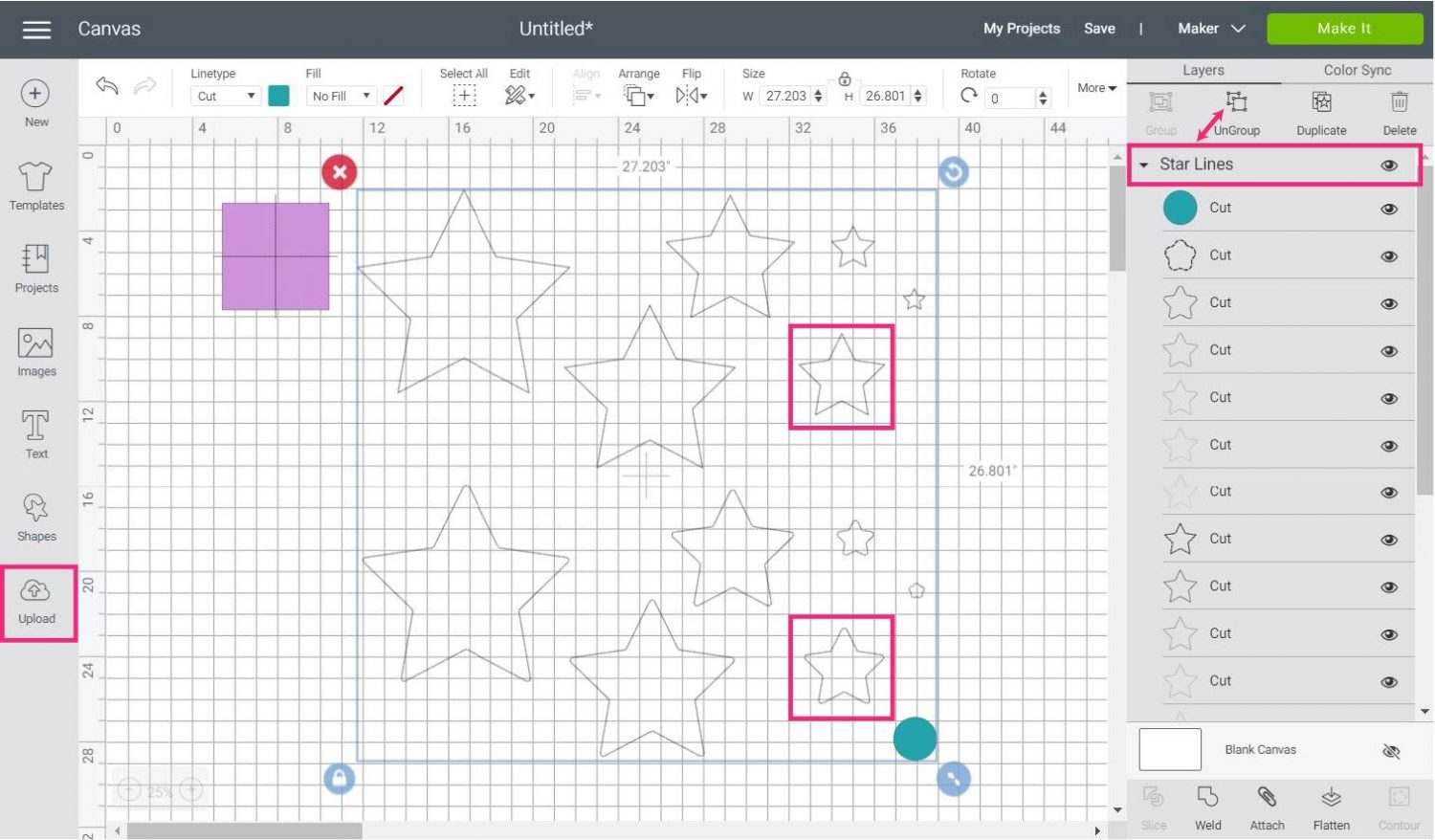 adding stars for perforating in Cricut Design Space