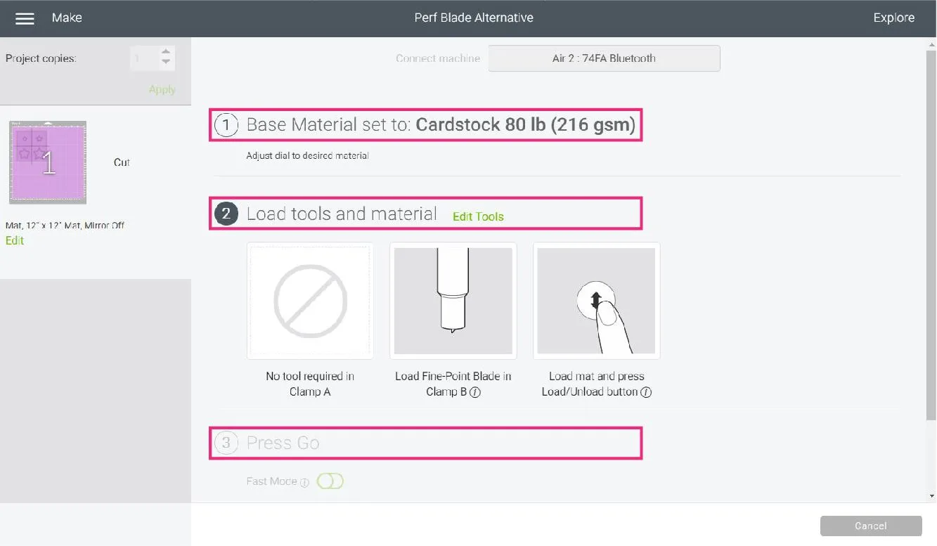 selecting materials in in Cricut Design Space