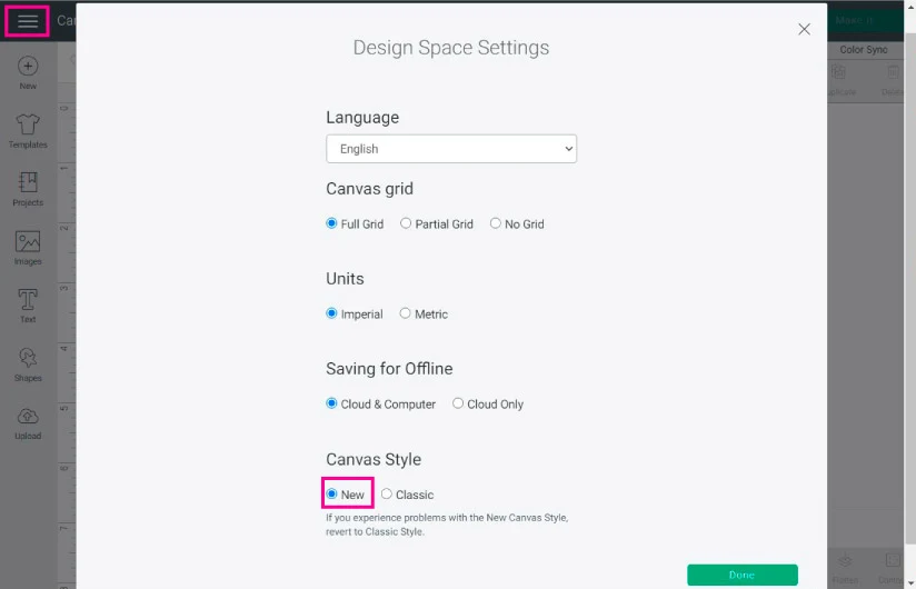 set canvas style to new to find offset in Cricut Design Space