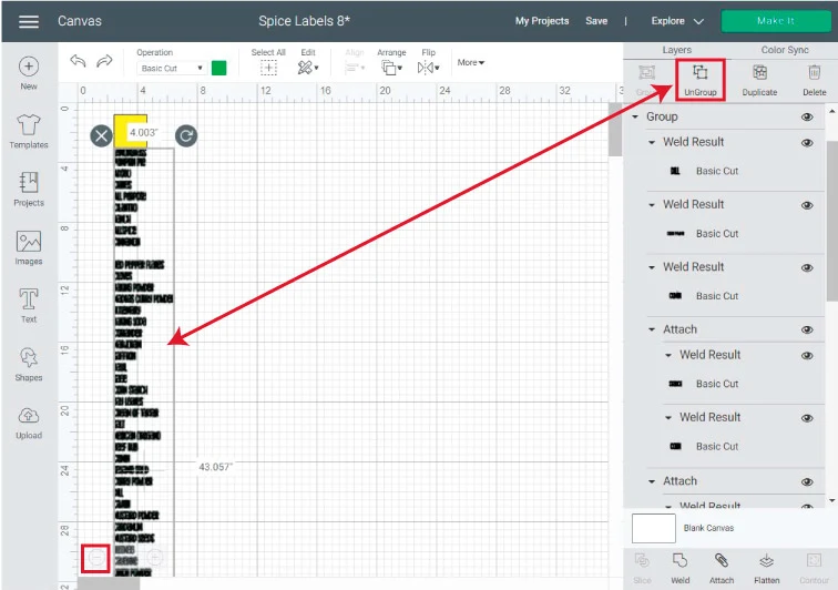 grouping spices in cricut design space