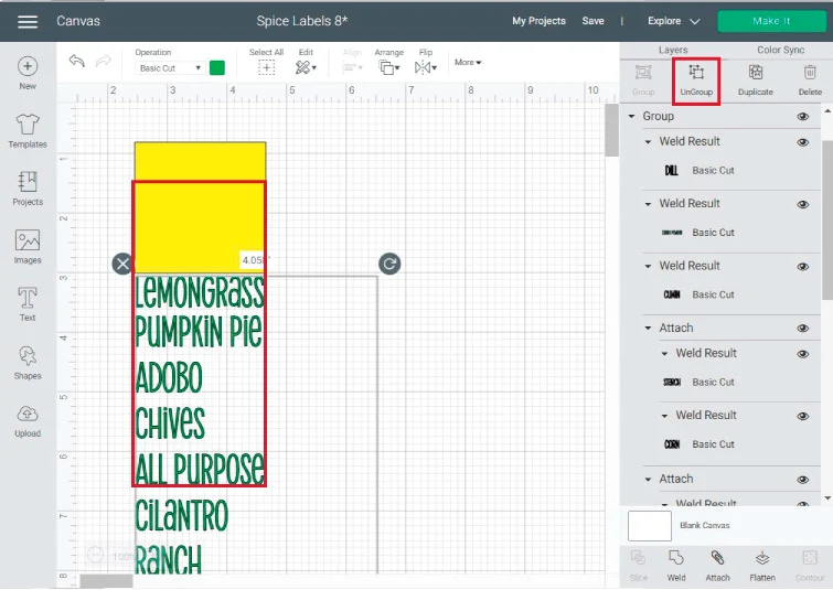 resizing spices in cricut design space