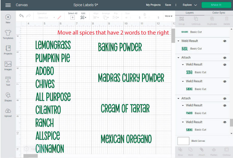 organizing spices in cricut design space