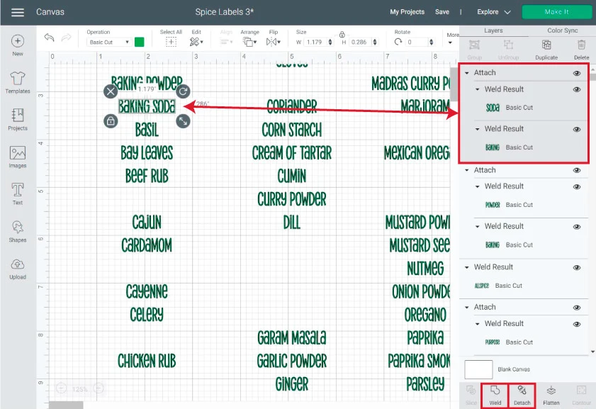 welding and attaching spices in cricut design space