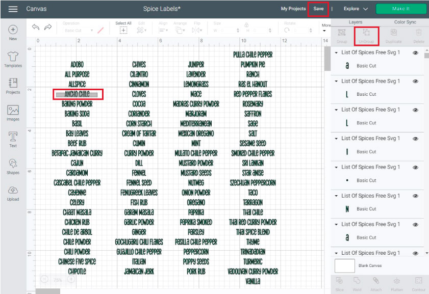 editing spice labels (FREE SVG) in Cricut Design Space. 