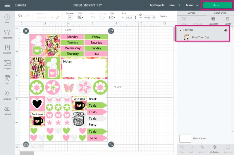 Sticker sheet after using the flatten tool in Cricut Design Space
