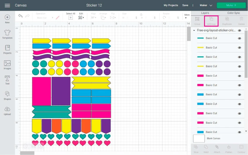 Sticker Sheet layout in Cricut Design Space (ungroup)