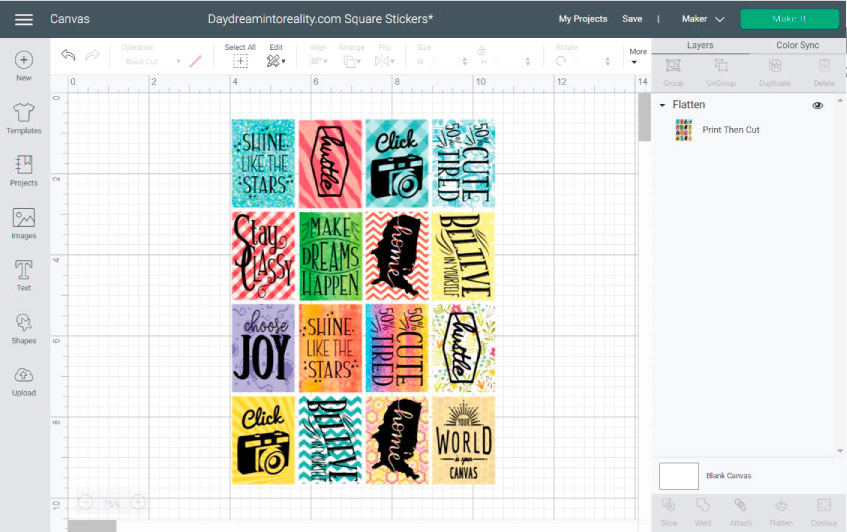 Using patterns and images ONLY in Cricut Design Space for making stickers example.