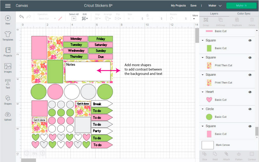 Cricut Design Space Screenshot:  place text on your stickers and add mores shapes for contrast