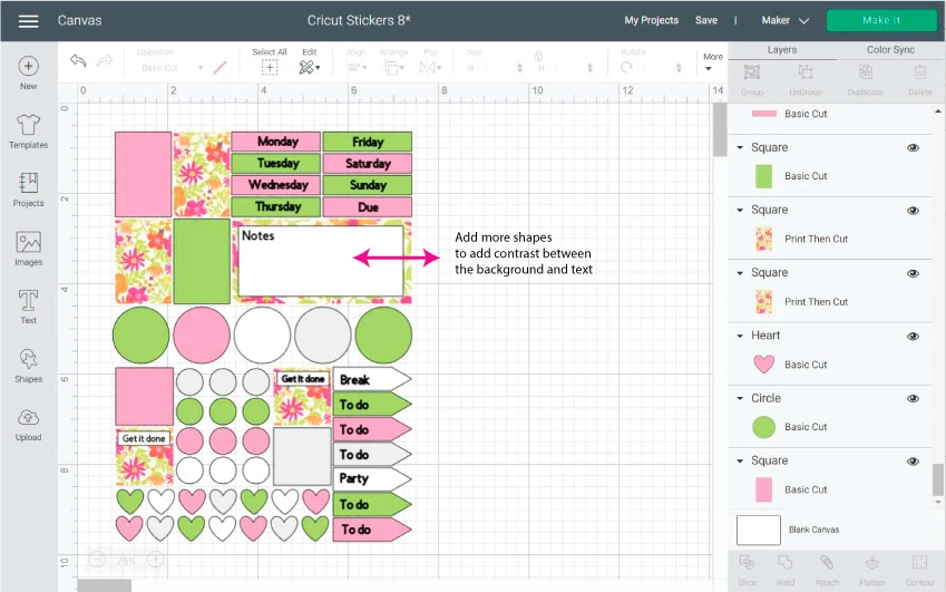 Cricut Design Space Screenshot:  place text on your stickers and add mores shapes for contrast
