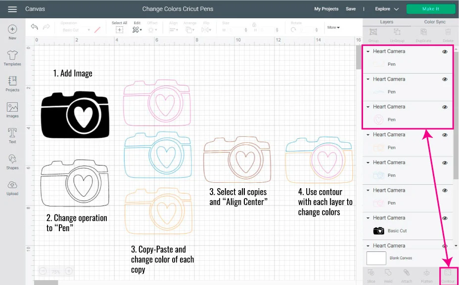 changin colors of cricut pens with contour