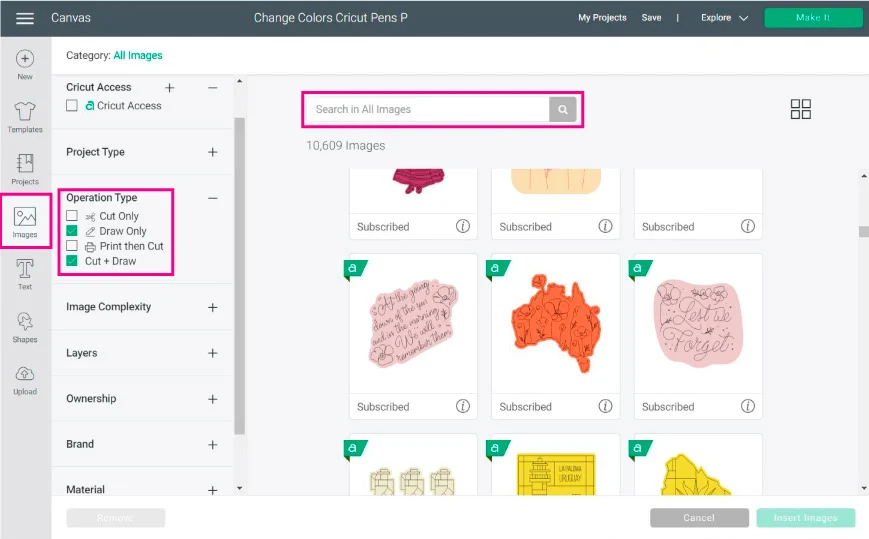 Screenshot Design Space: Choosing images ready to draw in Cricut Design Space