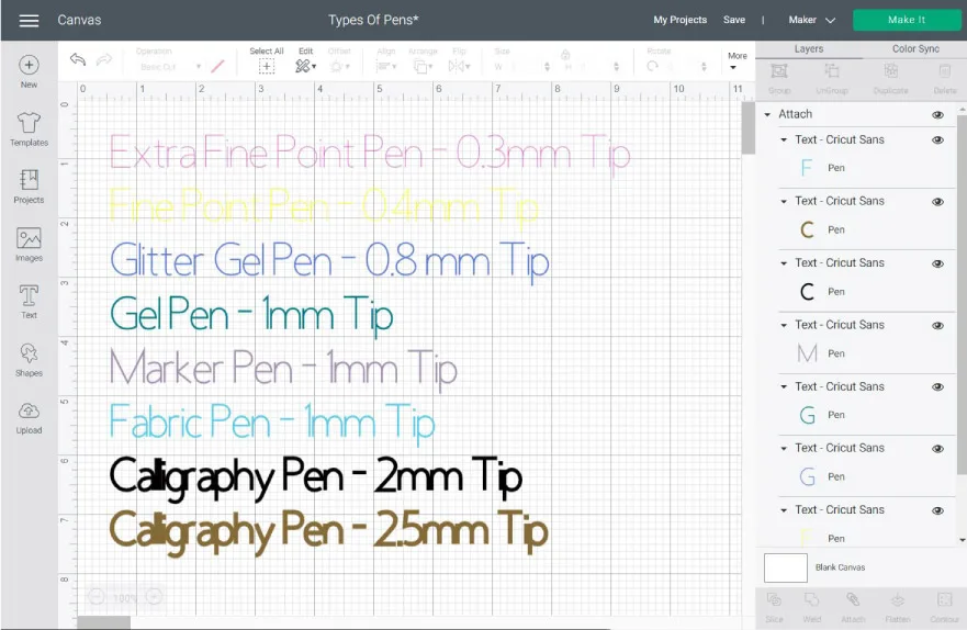 How Cricut Pens look when using different sizes in cricut design space