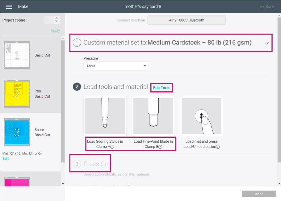 cricut install score stylus and fine point blade preview