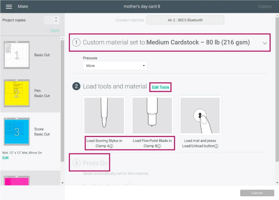 cricut install score stylus and fine point blade preview