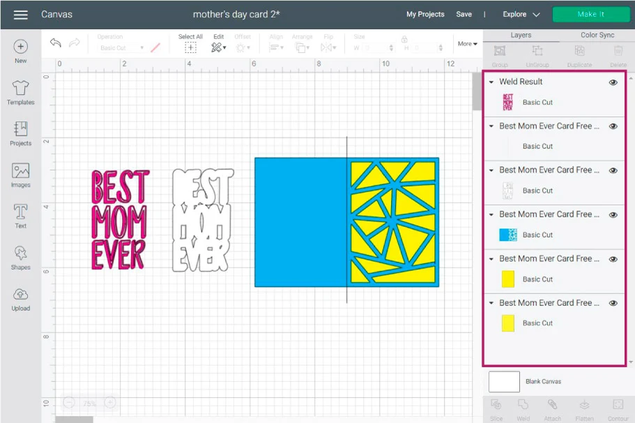 organizing images in Cricut Design Space for making a card