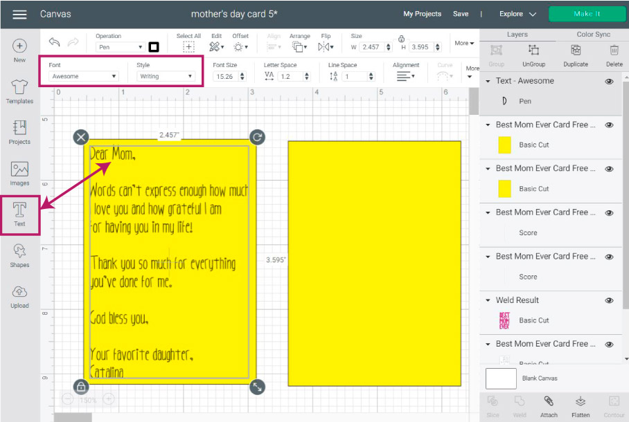 adding text to mother's day cards in cricut design space.