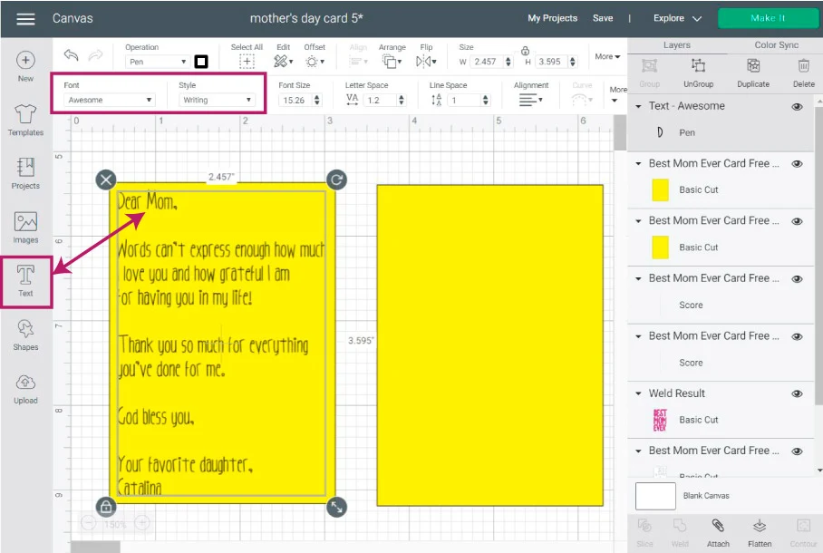 adding text to mother's day cards in cricut design space.