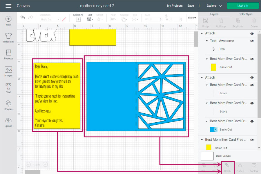 attaching mother's day card in cricut design space