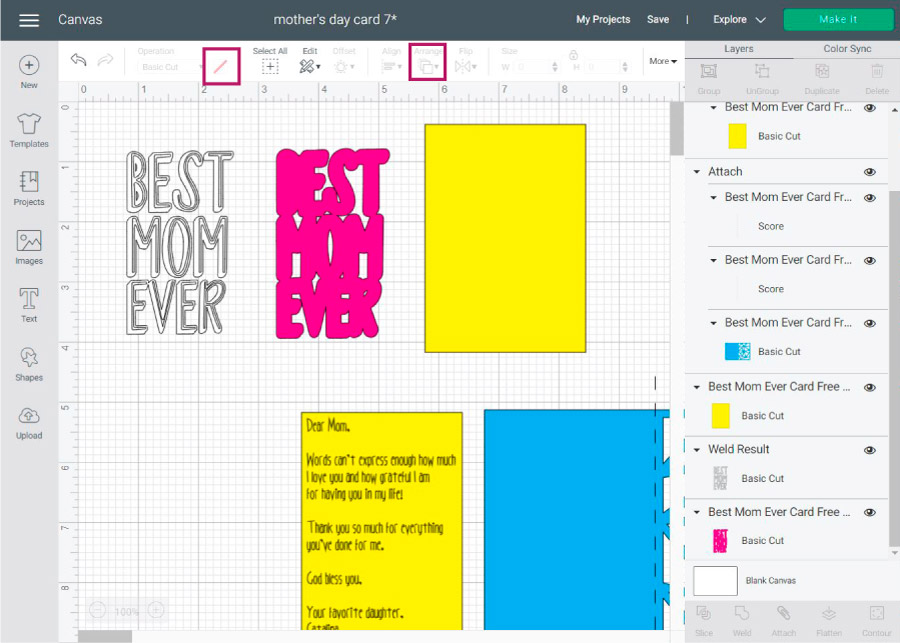 arrange card in cricut design space