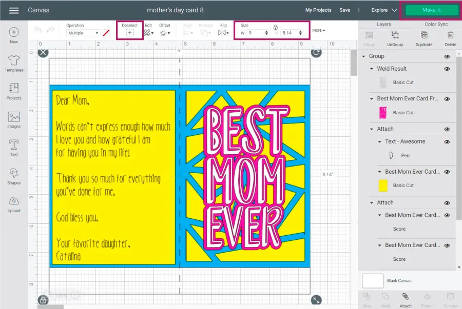 resizing mother's day card in Cricut Design Space