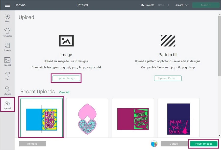 upload mother's day card template to cricut design space