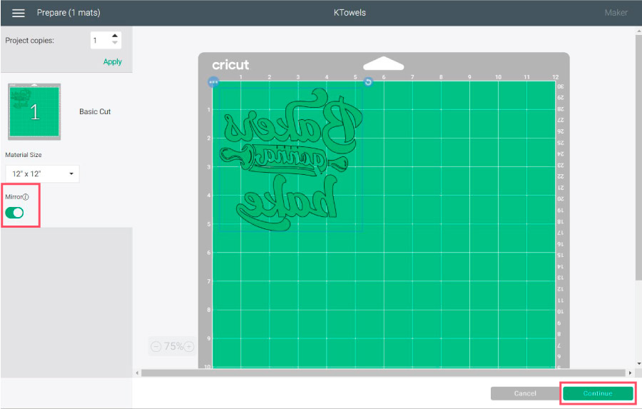 cricut design space mat preview, turn on mirror.