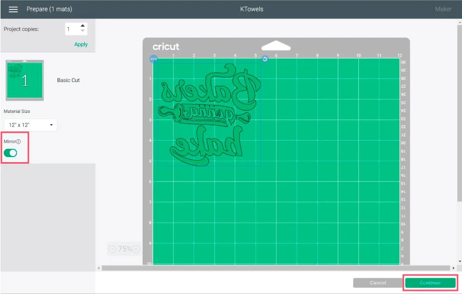 cricut design space mat preview, turn on mirror.