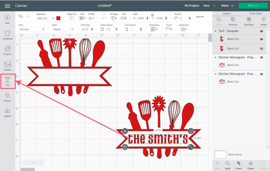 making a "monogram last name design" for kitchen towels in cricut design space