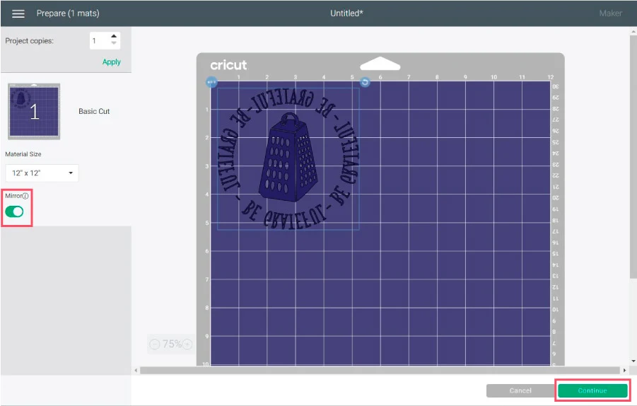 turn mirror on in cricut design space for iron-on