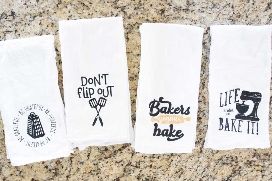 Tea towels decorated with cricut machine

be grateful
life is what you bake it
bakers gonna make
don't flip out
