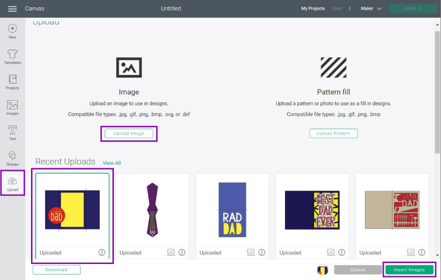 upload father's day card to cricut design space.