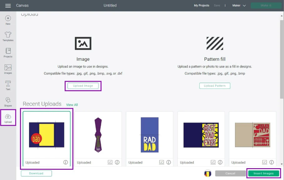 upload father's day card to cricut design space.