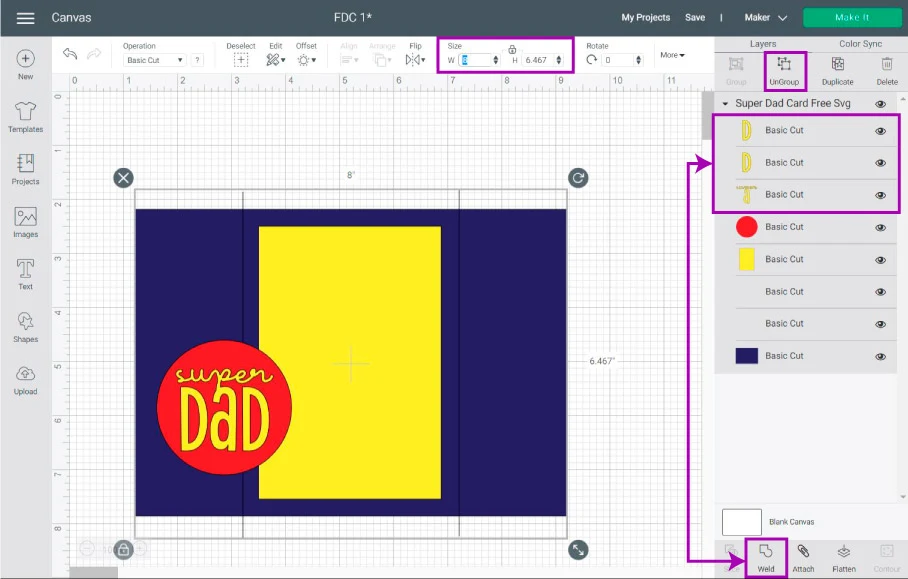 ungroup and resize project in Cricut Design Space.