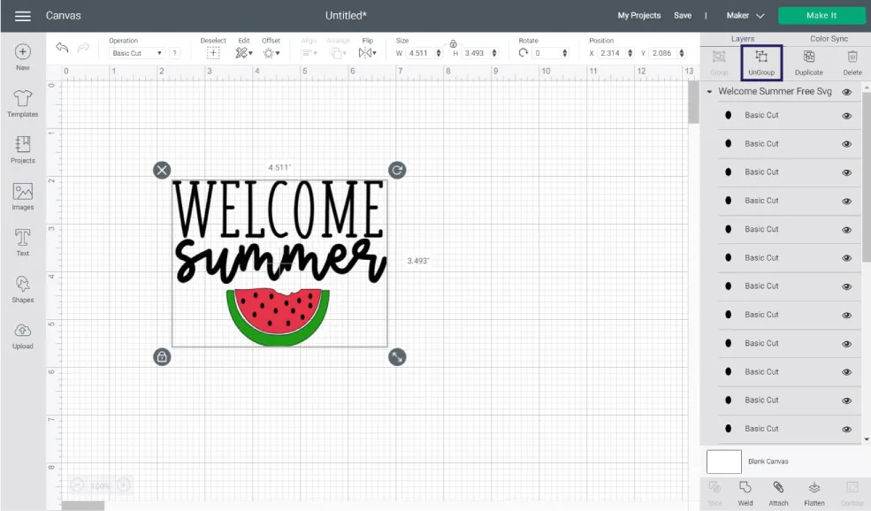ungroup in cricut design space