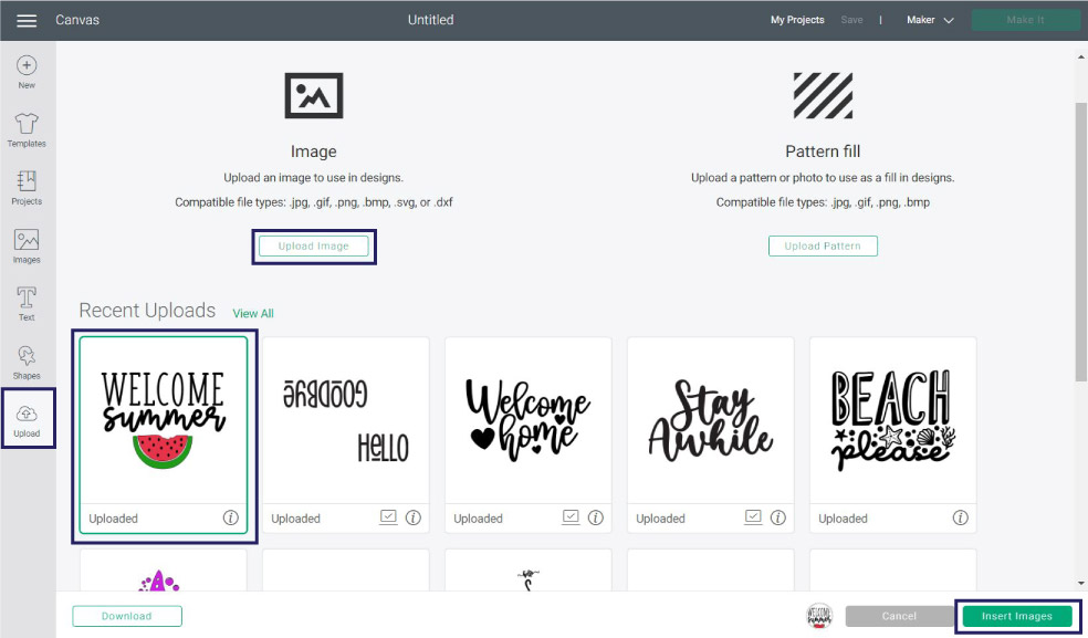 upload "welcome summer" file to cricut design space