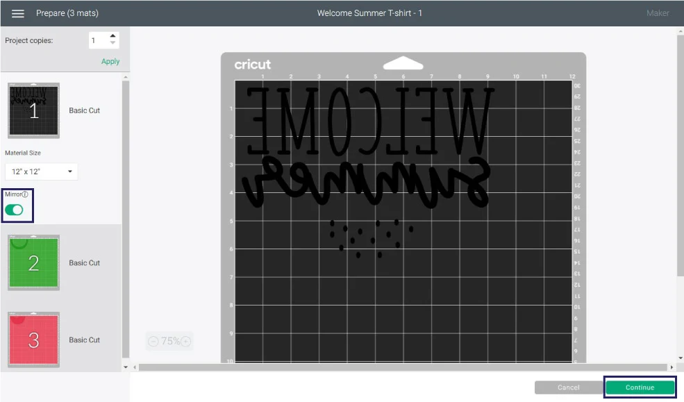 turn on mirror on in cricut design
