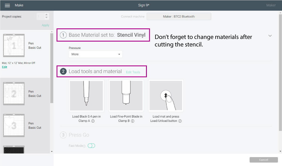 selecting stencil material in cricut design space