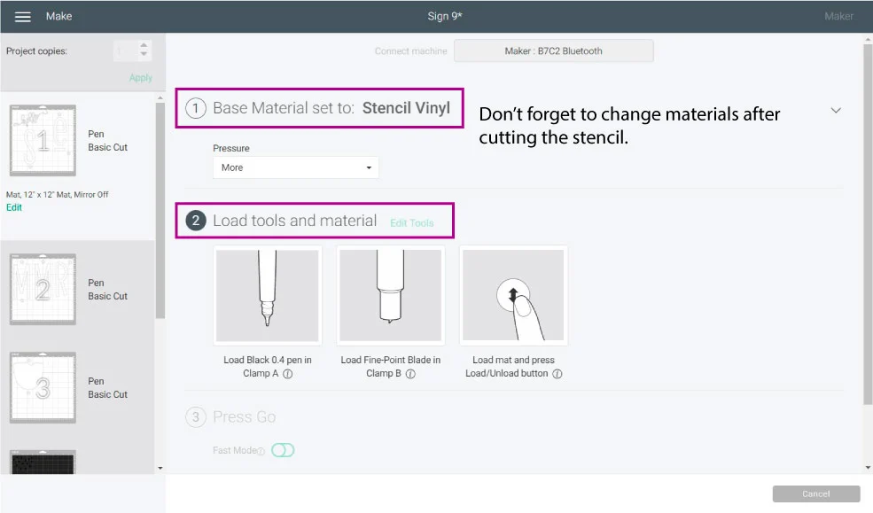selecting stencil material in cricut design space