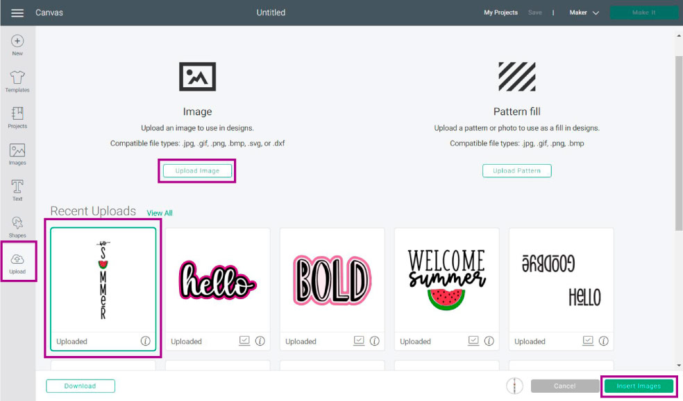 upload image in cricut design space.
