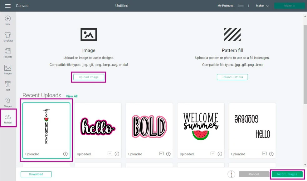 upload image in cricut design space.
