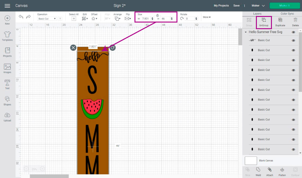 resizing wood sign in cricut design space.