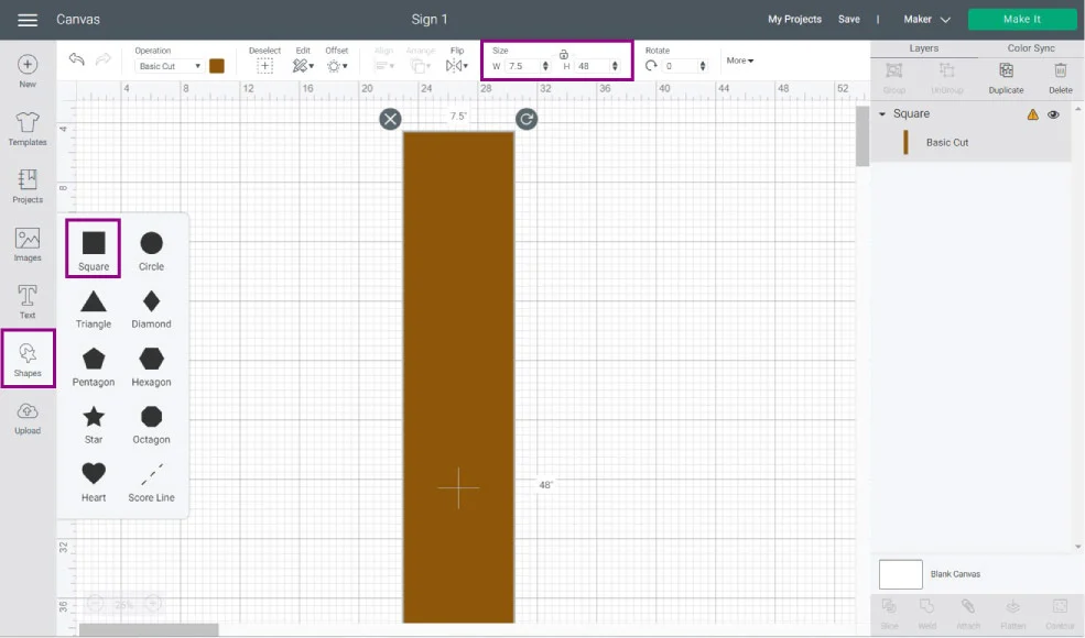 add a rectangle for wood sign template in cricut design space.