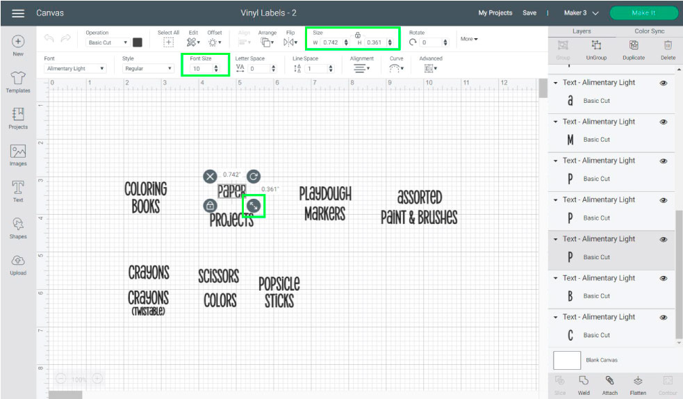 resizing vinyl labels in cricut design space
