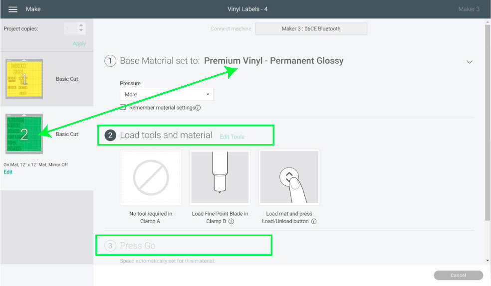 selecting material in Cricut Design Space