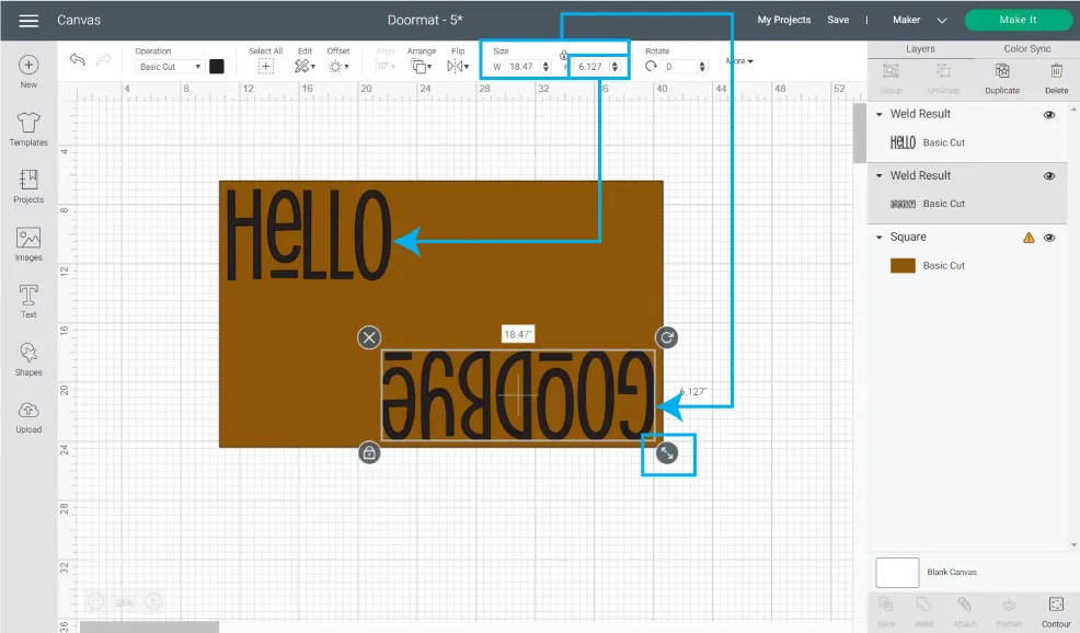 resizing designs for doormat in cricut design space