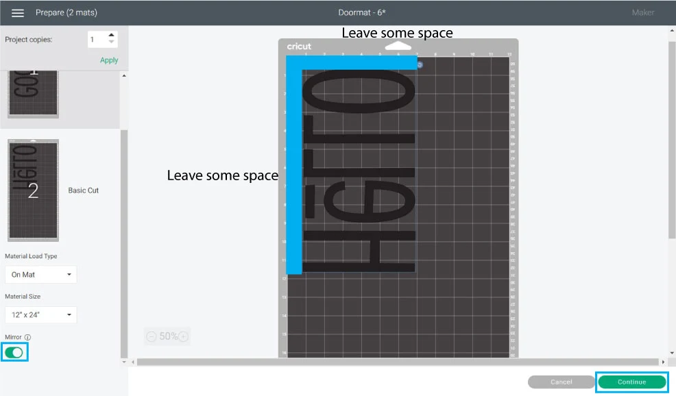 turning mirror on in cricut design space