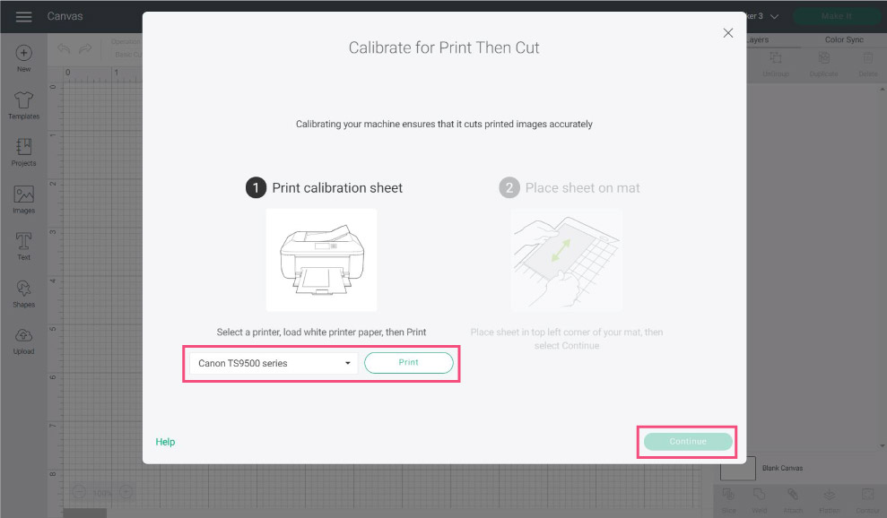 printer selection prompt in Cricut Design Space