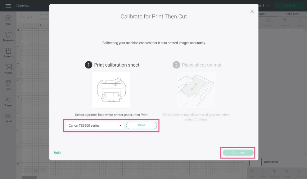 printer selection prompt in Cricut Design Space