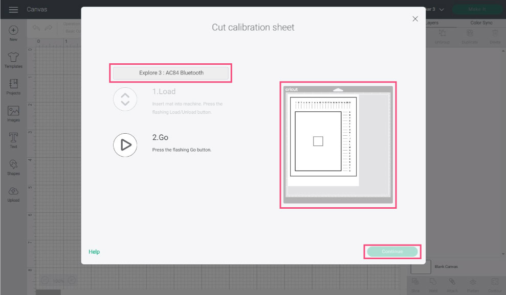 calibration sheet prompt in Cricut Design Space